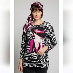 Peter Nygard Long Sleeve Black & White Zebra Print Graphic Top, Size 1X